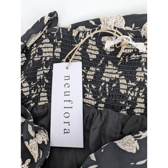 Neuflora Floral Smocked Tiered Ruffle Black Maxi Sz L Prairie Boho Modest Dress - Picture 9 of 13